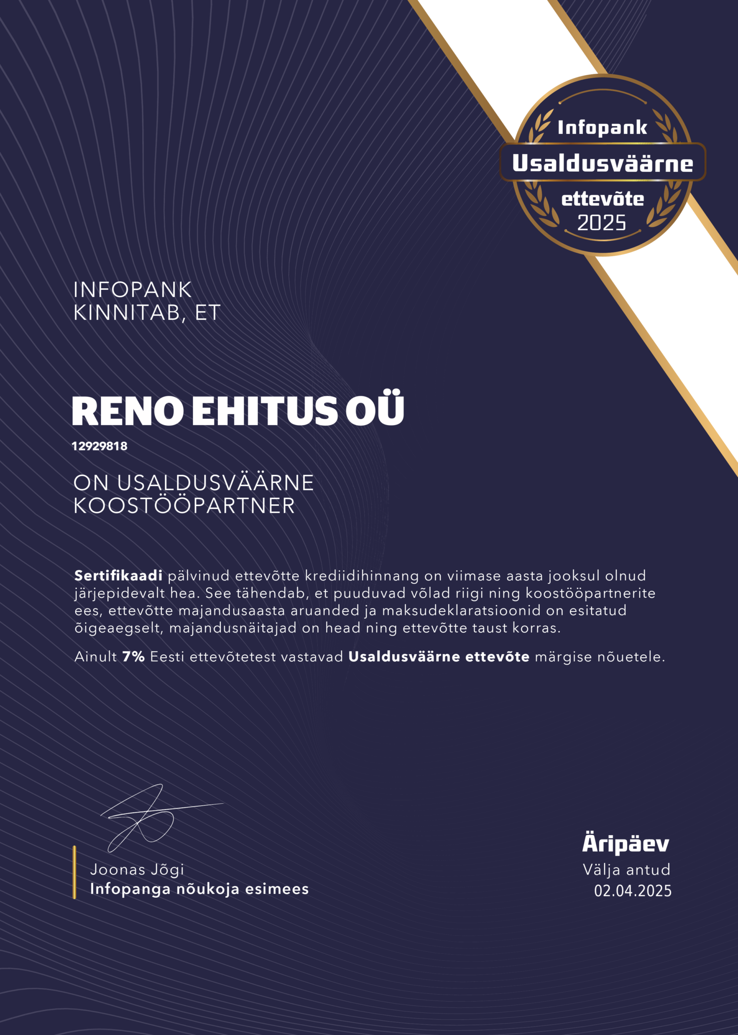 Reno Ehitus usaldusväärne ettevõte