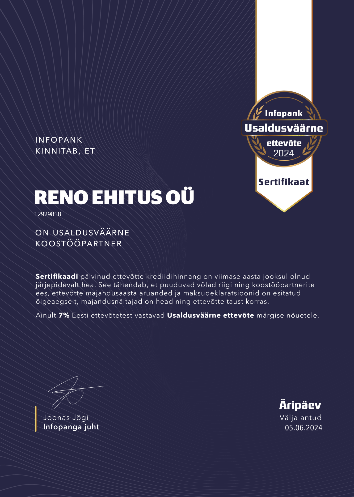 Reno Ehitus usaldusväärne ettevõte